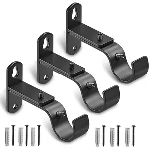 Adjustable Curtain Rod Brackets, Metal Window Drapery Rod Hanger Holders Hooks for 1 inch Rods (Black, Set of 3)