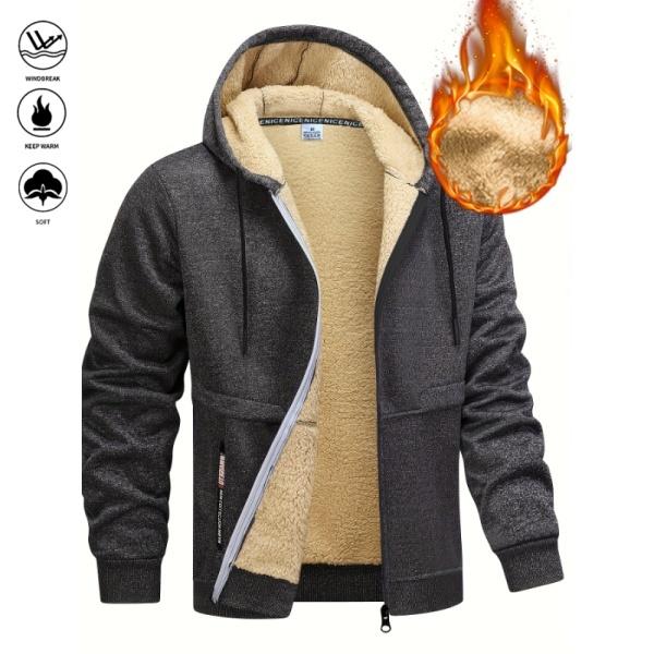 Men's Winter Fleece Hoodie -Thick, warm jacket with adjustable drawstring hood, ribbed cuffs, and zipper front closure; perfect for outdoor hiking, jogging, fishing, gym workouts, or casual wear; fleece lining provides windproof Stylish Long Sleeve Sports