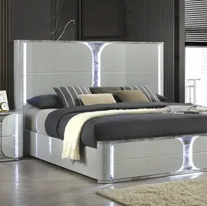 Cleburne LED Bedframe Contemporary Light Gray High-Gloss Finish with Marble & Gold Foil Accents