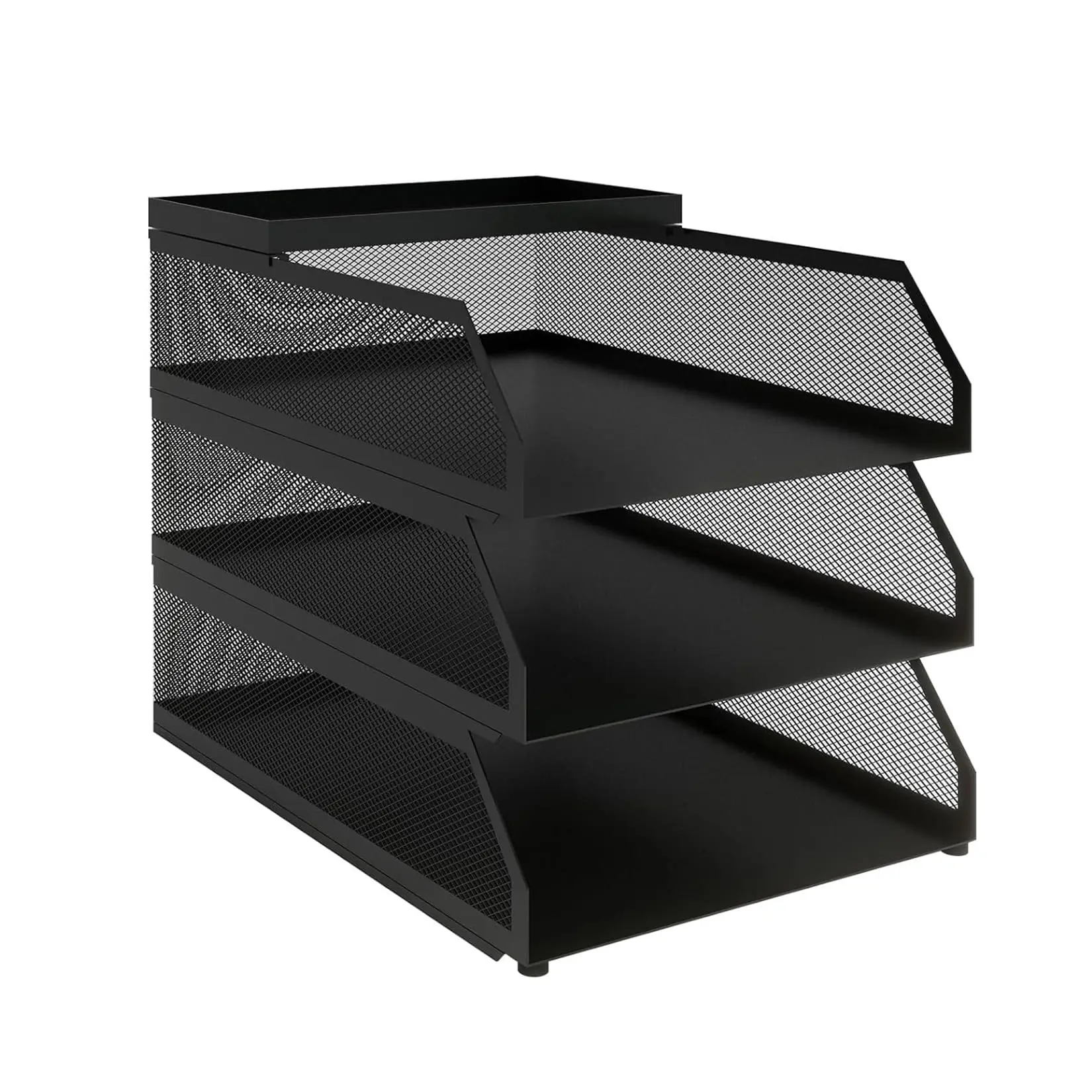 Stackable Mesh Desk Organizer - 3-Tier Black Metal Document Tray with Top Shelf - Slanted Letter & Folder Holder - Durable Expandable File Shelf for Office Desktop Paper & Supplies Storage