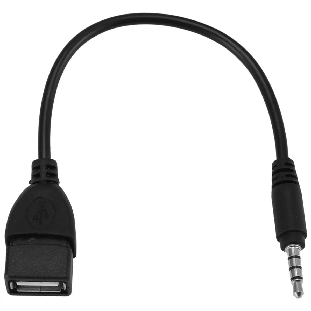 Black Automotive Audio Data Charging Cable with USB Jack, 3.5mm Plug-In Connection, AUX Port
