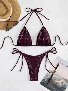 Women's Fashion Bikini Set, Pure Color Rhinestone Tie Belt Design, Beach Holiday Party Wear, Two-Piece Swimsuit for Women