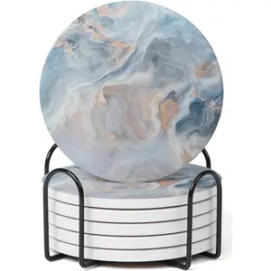 Set of 6 Abstract Blue Marble Coasters with Holder, Absorbent Ceramic Coasters with Cork Backing for Table Protection, Ideal Housewarming Gifts for New Home