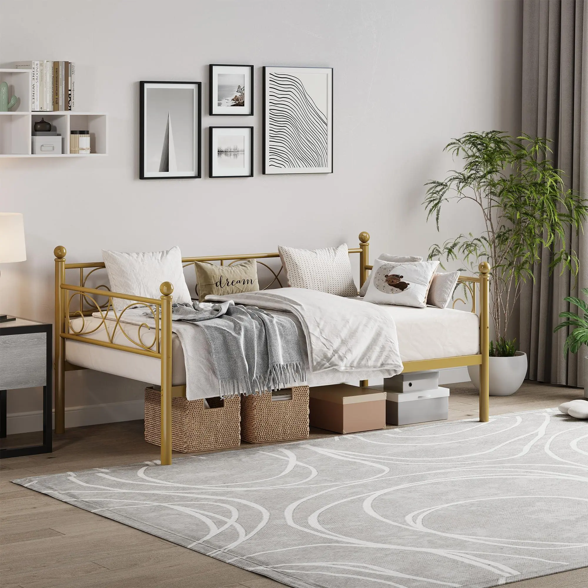 GARVEE Gold Twin Size Metal Daybed with Floral Headboard, Heavy Duty Steel Slat Supports, Multi-Functional Twin Bed Frame Metal Frame for Living Room, Guest Room, Modern