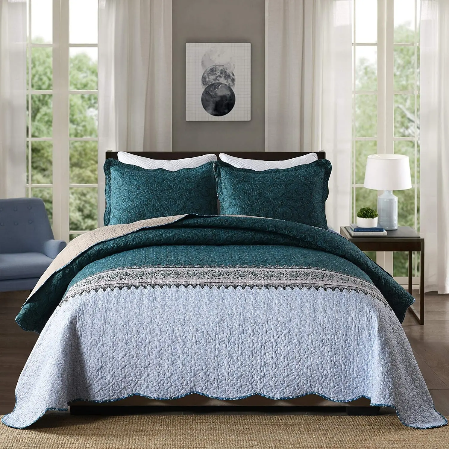 3-Queen Quilt Quilted Bedspread Oversized Microfiber Lightweight with Shams for, Blue Ocean, Queen Size