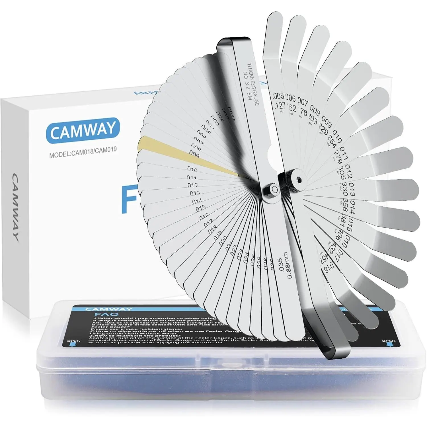 CAMWAY 2Pcs 65 Manganese Steel Feeler Gauge Set - 32 Straight Dual Marked Metric/Imperial Blades (0.03-1.00 mm), 16 45º Offset Blades, Household Measuring Tool for Gap Width, Thickness, Valve & Spark Plug Gaps