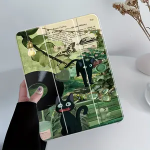 Green Vintage Plant Black Cat iPad Case, Tablet cover, Tablet Casing, transparent acrylic hard back panel, with pencil slot, suitable for ipad mini pro air, scratch-resistant ultra-thin, shock-resistant full cover protective case