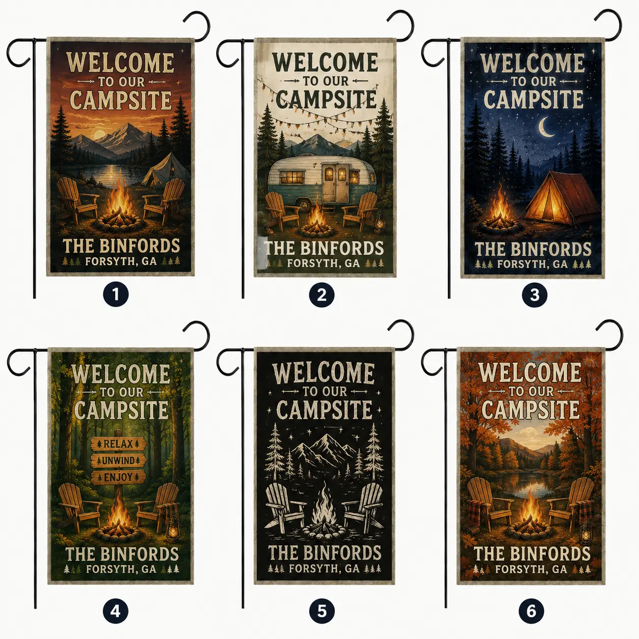 Personalized Campsite Garden Flag | Custom Family Camping Flag | Welcome To Our Campsite Outdoor Banner | RV Camper Campfire Cabin Decor | Personalized Camping Gift #Camping #GardenFlag #RVLife #Campfire #OutdoorDecor #CustomGift