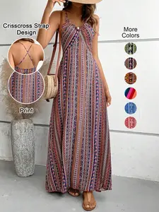 Women's Printed Split Long Sleeveless Dress, Classic Stripe Design, Backless Criss Cross Strap, Spring Summer Fall Wear, Casual Bohemian Style