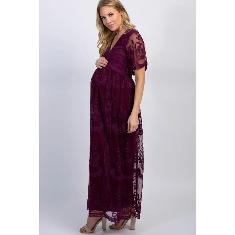PinkBlush Deep Burgundy Lace Mesh Overlay Maternity Maxi Dress - TikTok Shop