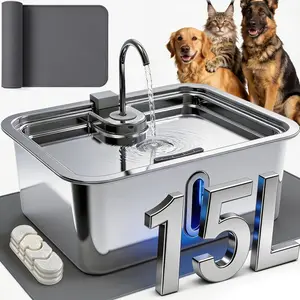 15L/4Gal Large  Water Fountain with Pet Feeding Mat & 3 Filters, Stainless Steel Pet Water Fountain for Dogs Cats,  Water Bowl Dispenser with Visible Window, Alert Light, Quiet Pump