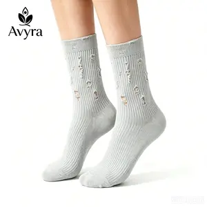 Avyra Inspired Ripped  Socks, Women's Neutral Tone Ribbed Knit Socks, Breathable Casual Street Fashion Socks for All Seasons