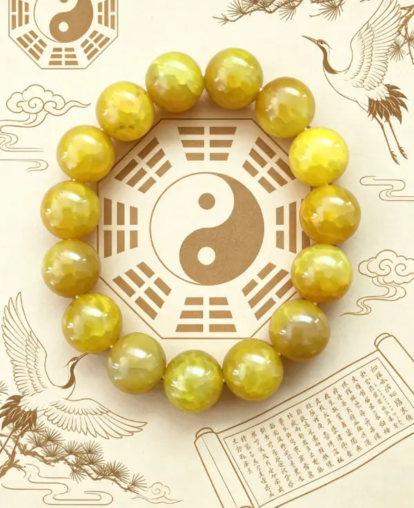 Chinese Aesthetic Stretch Bracelet, 14mm Natural Yellow Dragon Vein Agate Beaded Jewelry, Unisex Feng Shui Good Luck Stone, Thoughtful Gift, Exquisite Bracelet, Beaded Bracelets