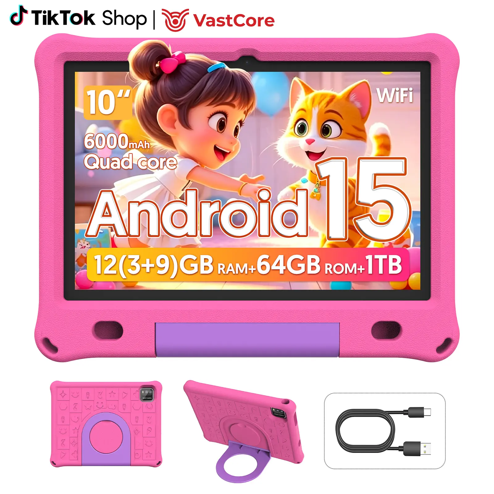 10" Android 15 Tablet with 6000mAh Battery Quad Core 12GB RAM 64GB ROM 1TB Storage Pink Case & Accessories