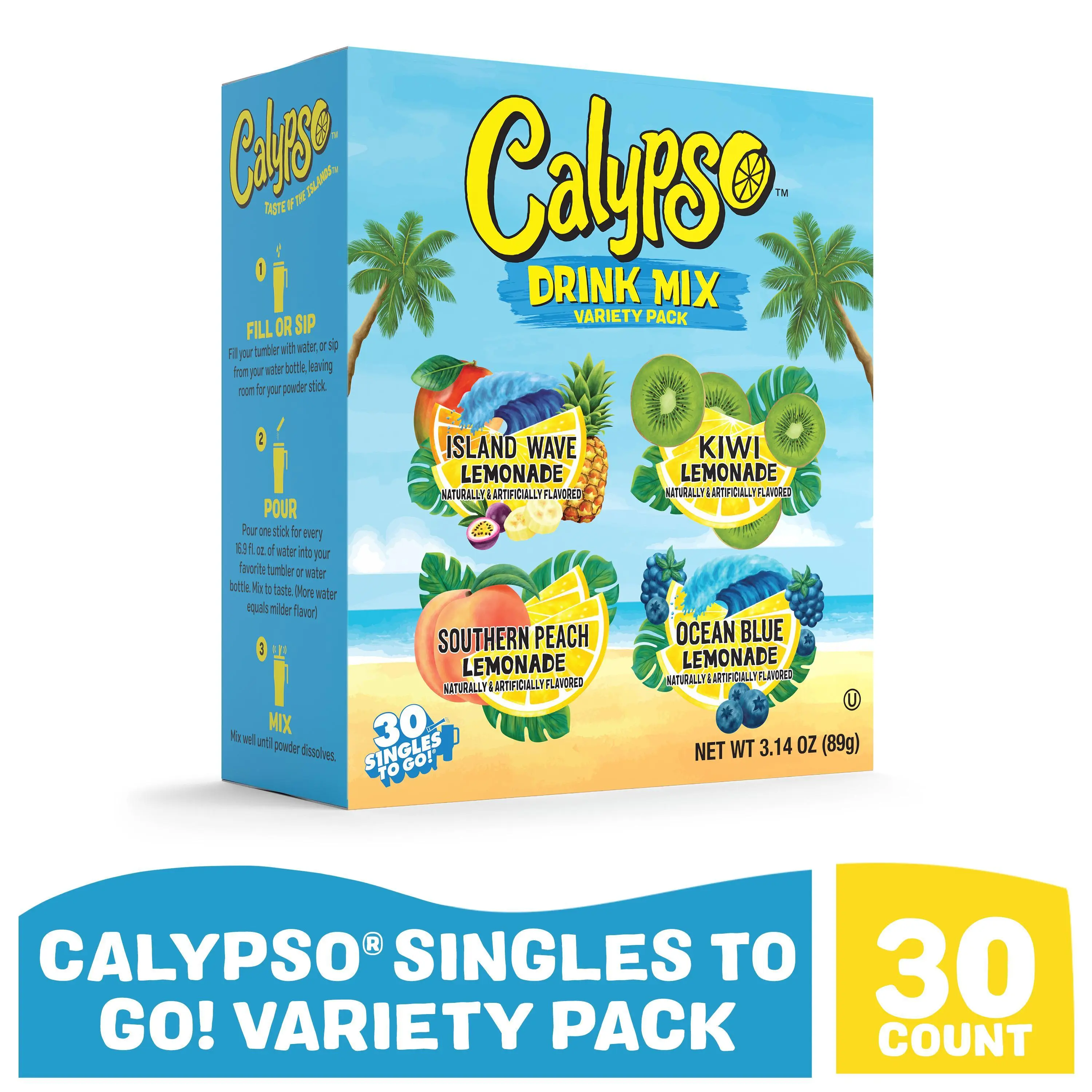 NEW! VIRAL ON TIKTOK! Calypso Singles To Go! Drink Mix Variety Pack – Lemonade On-the-Go Powdered Drink Mix Packets – Low Calorie Water Enhancer – Island Wave, Kiwi, Southern Peach, Ocean Blue Lemonade, 30 Count