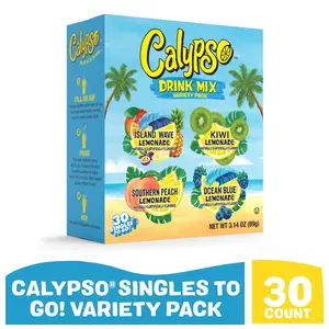NEW! VIRAL ON TIKTOK! Calypso Singles To Go! Drink Mix Variety Pack – Lemonade On-the-Go Powdered Drink Mix Packets – Low Calorie Water Enhancer – Island Wave, Kiwi, Southern Peach, Ocean Blue Lemonade, 30 Count