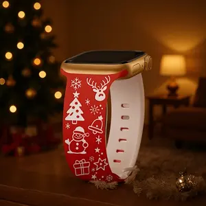 Red & White Christmas Apple Watch Band with Santa, Reindeer, Snowman & Golden Buckle, Compatible with 38mm/40mm/41mm Apple Watch Series SE/8/7/6/5/4/3/2/1 - Holiday Gift, Festive Smartwatch Accessory