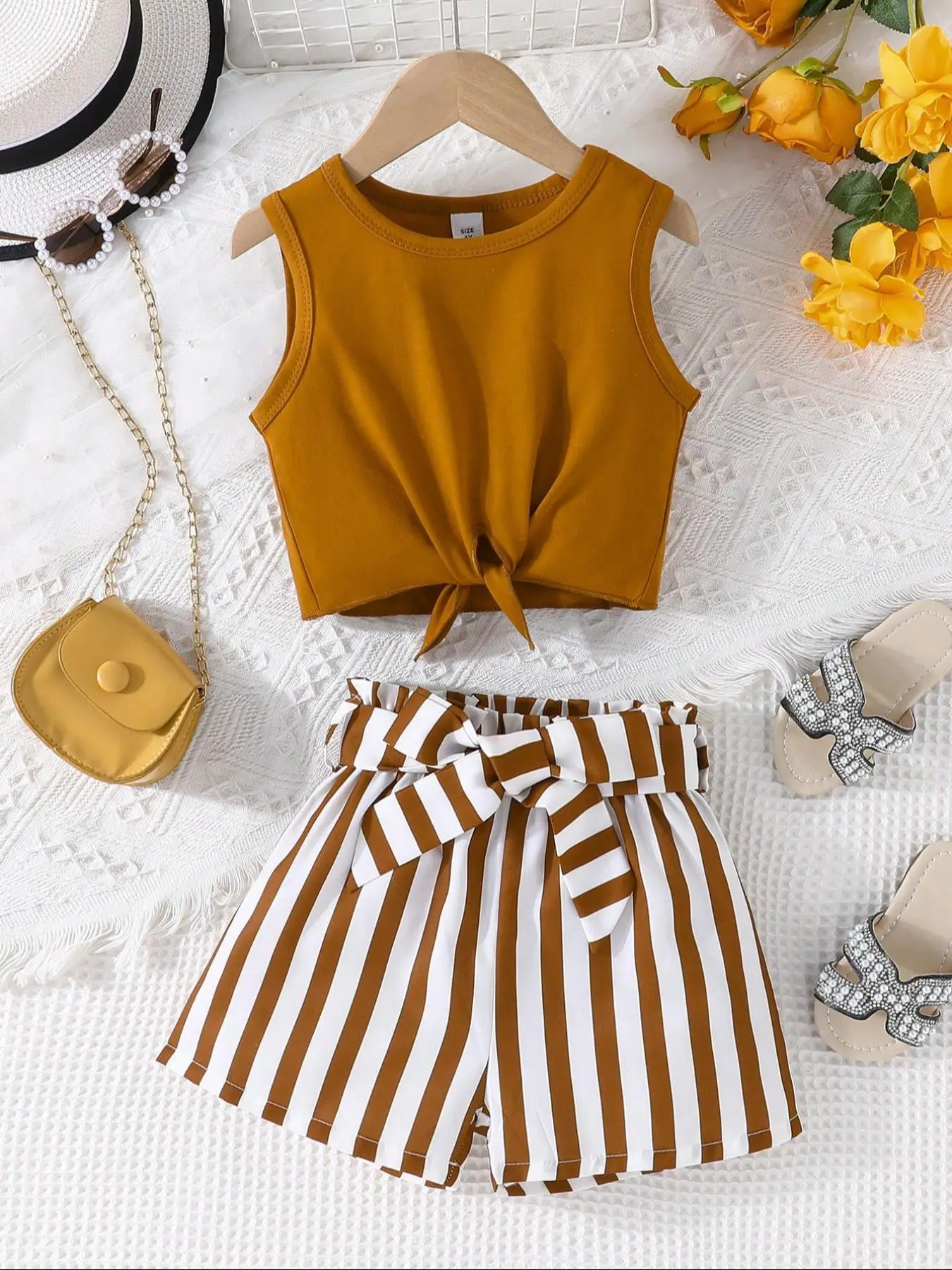 Toddler Girl's Two-Piece Set, Knot Front Tank Top & Stripe Shorts, Summer Casual Outfit, Includes Waistband