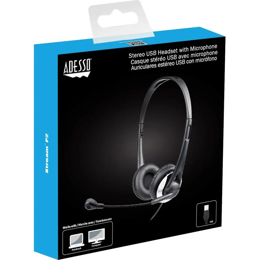 Adesso Xtream P2 Binaural Over The Head Headset with Microphone Black XTREAMP2