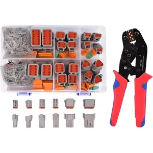 SUNDAY MIRTH 174Pcs 12 Kits DT Connector Kit With Ratcheting Wire Crimper for Deutsch Connector, 2 3 4 6 8 12 Pin Connectors Automotive Electrical Connectors With Size 16 Stamped Contacts IP68 Waterproof