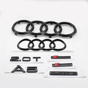 AUDI 4Ring Logo ABS A5 Quattro Sline Emblem 2.0T Letter Stickers Car Hood Front Grill Emblem Rear Trunk Badge Sticker Auto Modification Accessories For Audi A5 2010-2019