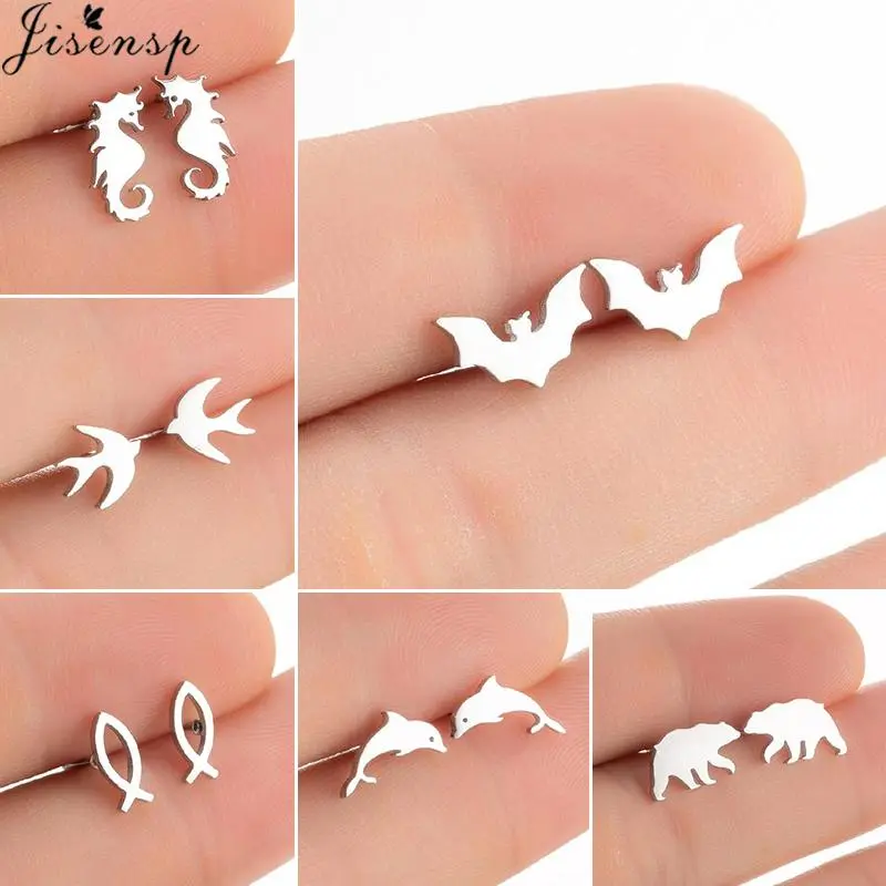 Minimalist Jewelry Cute Thin Line Fish Earrings for Women Small Hippocampus Bat Bear Dolphin Studs Animal Earings orecchini
