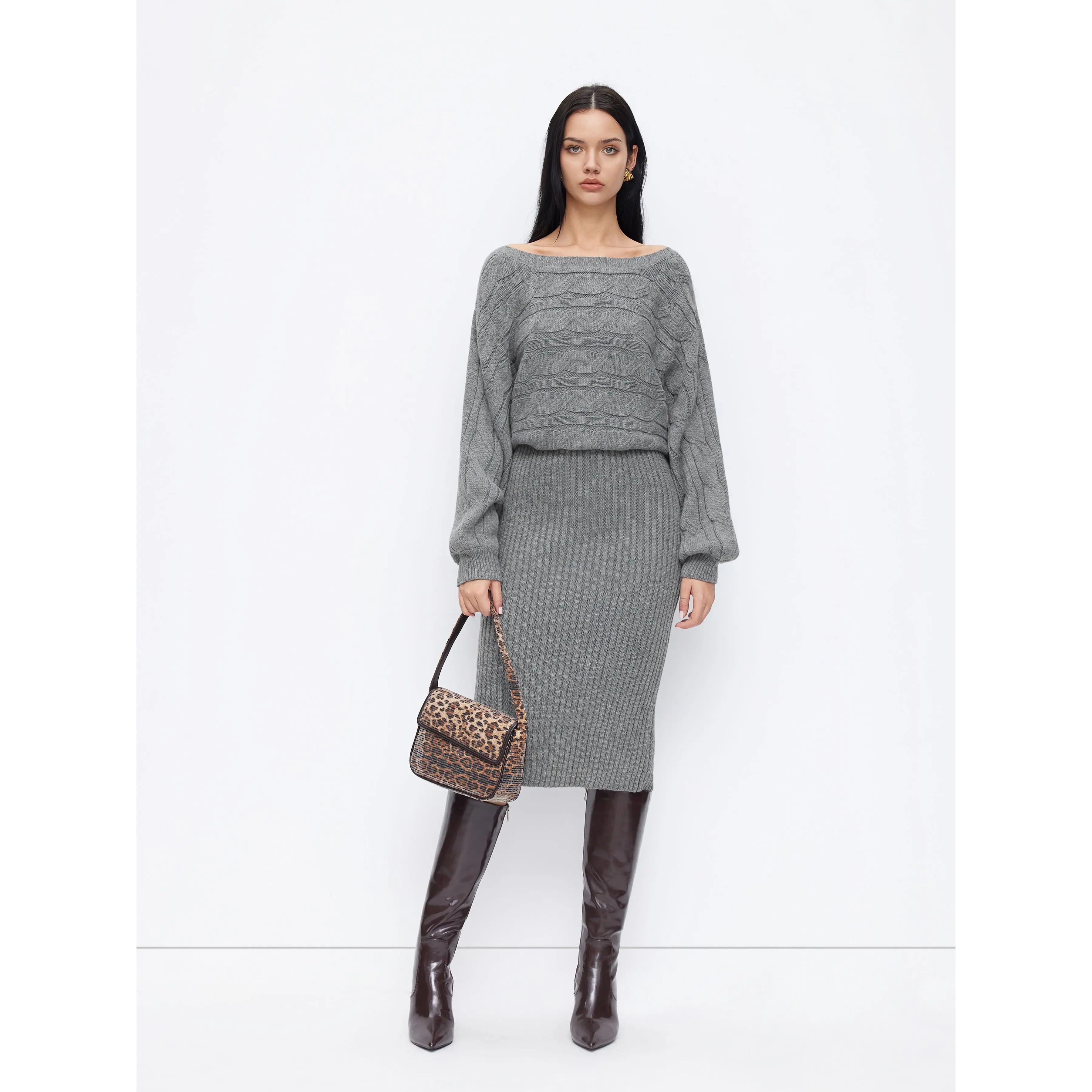 Cider Cable Knit Off-shoulder Batwing Sleeve Split Midi Pencil Dress [LIVE  ONLY] - TikTok Shop