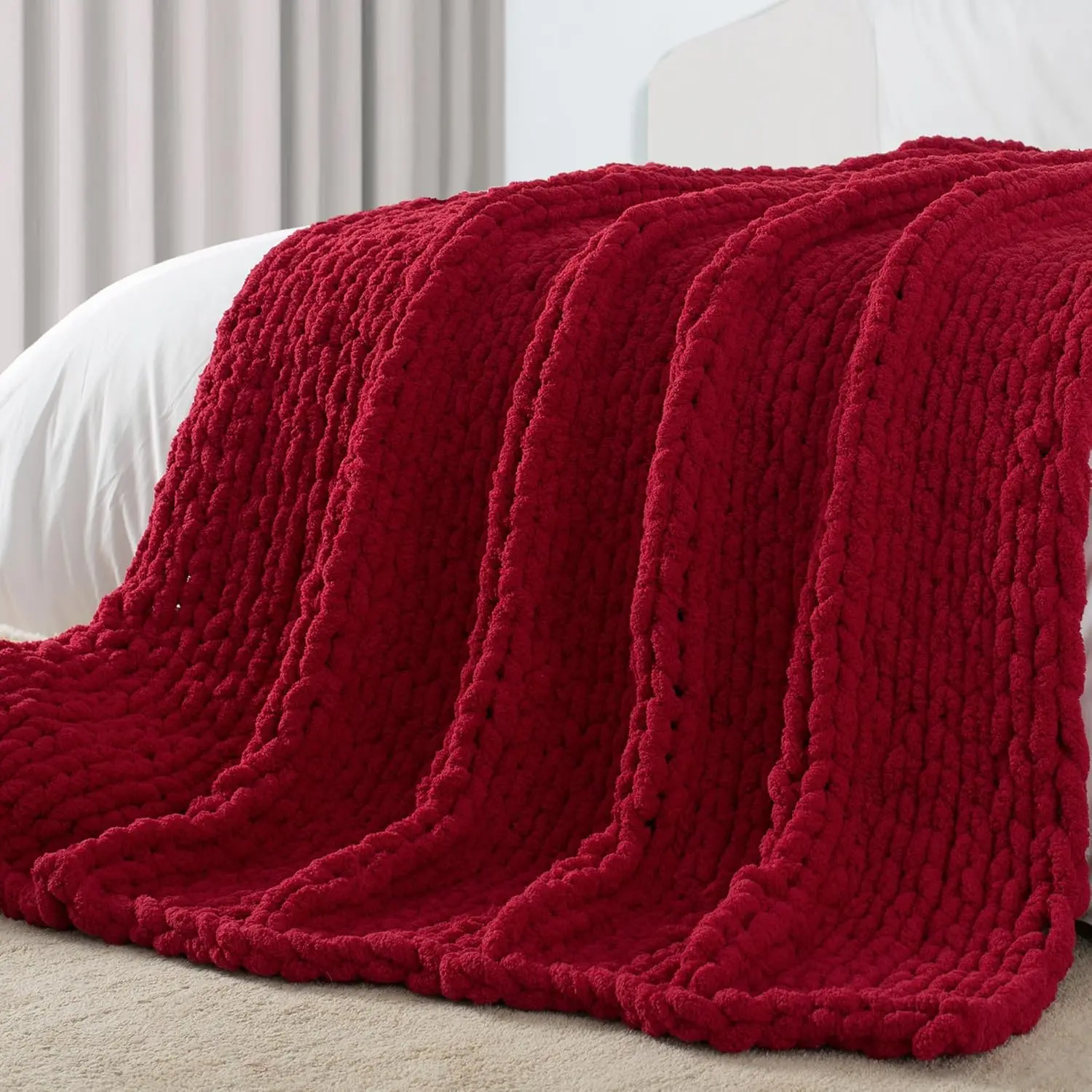 60x80 in Soft Handcrafted Twin Chunky Knit Throw - 100% Handmade Braided Chenille Yarn Blanket, Heavyweight Breathable Thick Couch Cover, Modern Rustic Olive Green, Machine Washable, 60 X 80