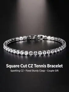 Shiny Cubic Zirconia Tennis Bracelet Non‑Adjustable Fixed Clasp Elegant Daily Wear Couple Jewelry Gift
