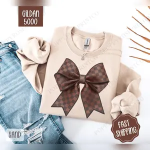 Checkered Coquette Bow Sweatshirt Bow Crewneck Cute Women's Sweater Hoodied Ultra-Soft Cotton Sweaters