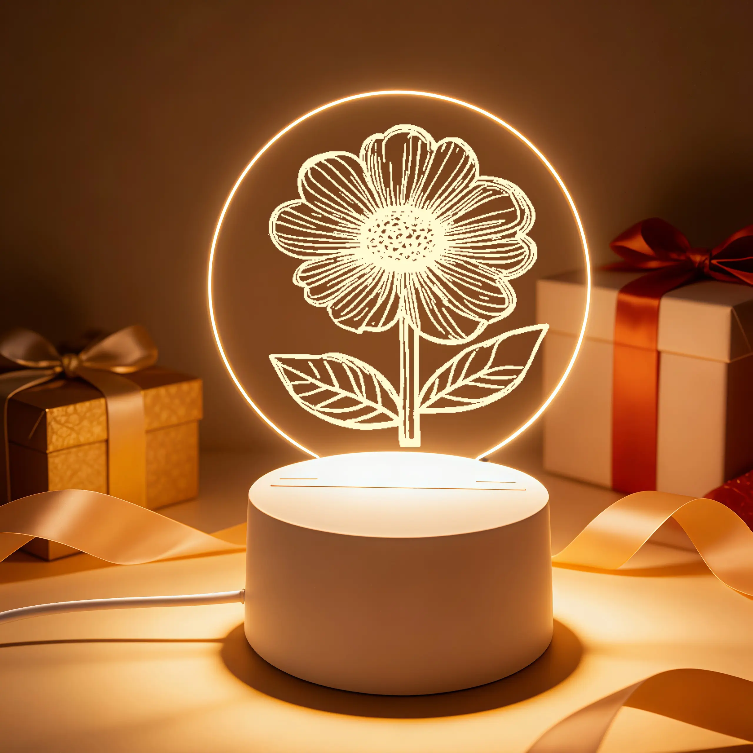 Daisy Flower 2D Flat Round Acrylic Night Light, Floral Engraved LED Bedside Lamp, Halloween Thanksgiving Christmas Birthday Gift for Women Her Friends