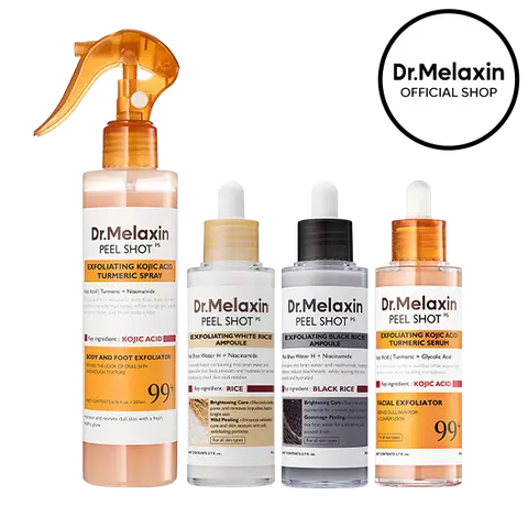 [Dr.Melaxin Official] Peel Shot Full Glow Set, 4-Piece | White Rice, Black Rice & Kojic Acid Turmeric Ampoule + Kojic Turmeric Body Spray | Face & Body Exfoliator for Smooth, Glowing Skin | Korean Skincare