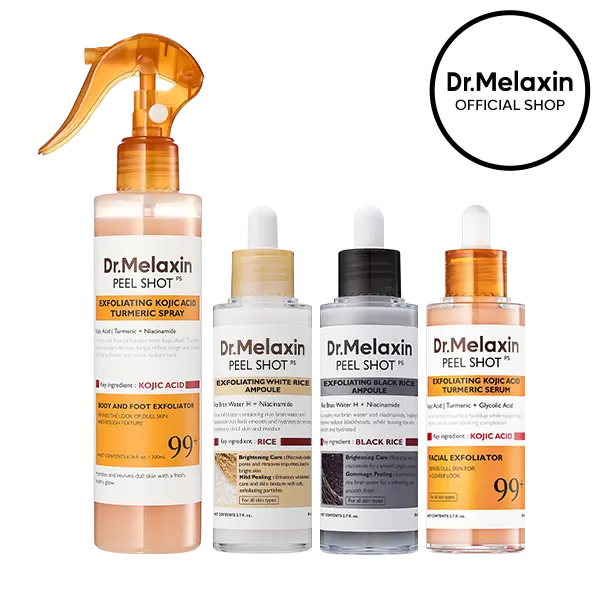 [Dr.Melaxin Official] Peel Shot Full Glow Set, 4-Piece | White Rice, Black Rice & Kojic Acid Turmeric Ampoule + Kojic Turmeric Body Spray | Face & Body Exfoliator for Smooth, Glowing Skin | Korean Skincare