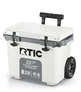 RTIC 22 QT Wheeled Hard-Sided Cooler, Fits 28 Cans or 6 Wine Bottles, White & Gray, Portable Ice Chest Box Camping/Picnic, Outdoor ice chest keeps up for up to 4 days