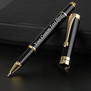 Black Chrome Metal Ballpoint Pens with Golden Trim - 0.5mm Black Extra Refill, Professional Executive Office Pen Gift Set for Men, Gift Box Included