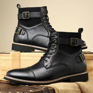Men'S High-top Boots |   Fashionable Versatile British Style Work Boots, Trendy Men'S Boots, Microfiber Upper, Rubber Sole, Lace Closure, Round Toe, Casual Style, All-season Use