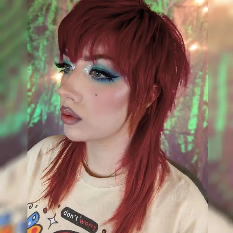 Liyouda Wine Red Mullet Wig Wolf Cut Wig with Bangs 80s 90s Wigs for Black Women Short Synthetic Straight Layered Shag Wig Short