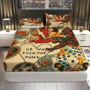 3Pcs Retro Tattoo Art Fitted Sheet Three Piece Set (1*Fitted Sheet+2*Pillowcases, Coreless), Halloween theme, Vintage Ink Style Bedding Set, Mattress protector Soft, Breathable