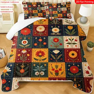 3 pcs, 2D Flat Print Boho Floral Patchwork Bedspread Set, Soft and Comfortable, Multiple Sizes Available, Suitable for Gifting and Daily Use, Ideal for Creating a Cozy Home Atmosphere(1 bedspread , 2 pillowcases)