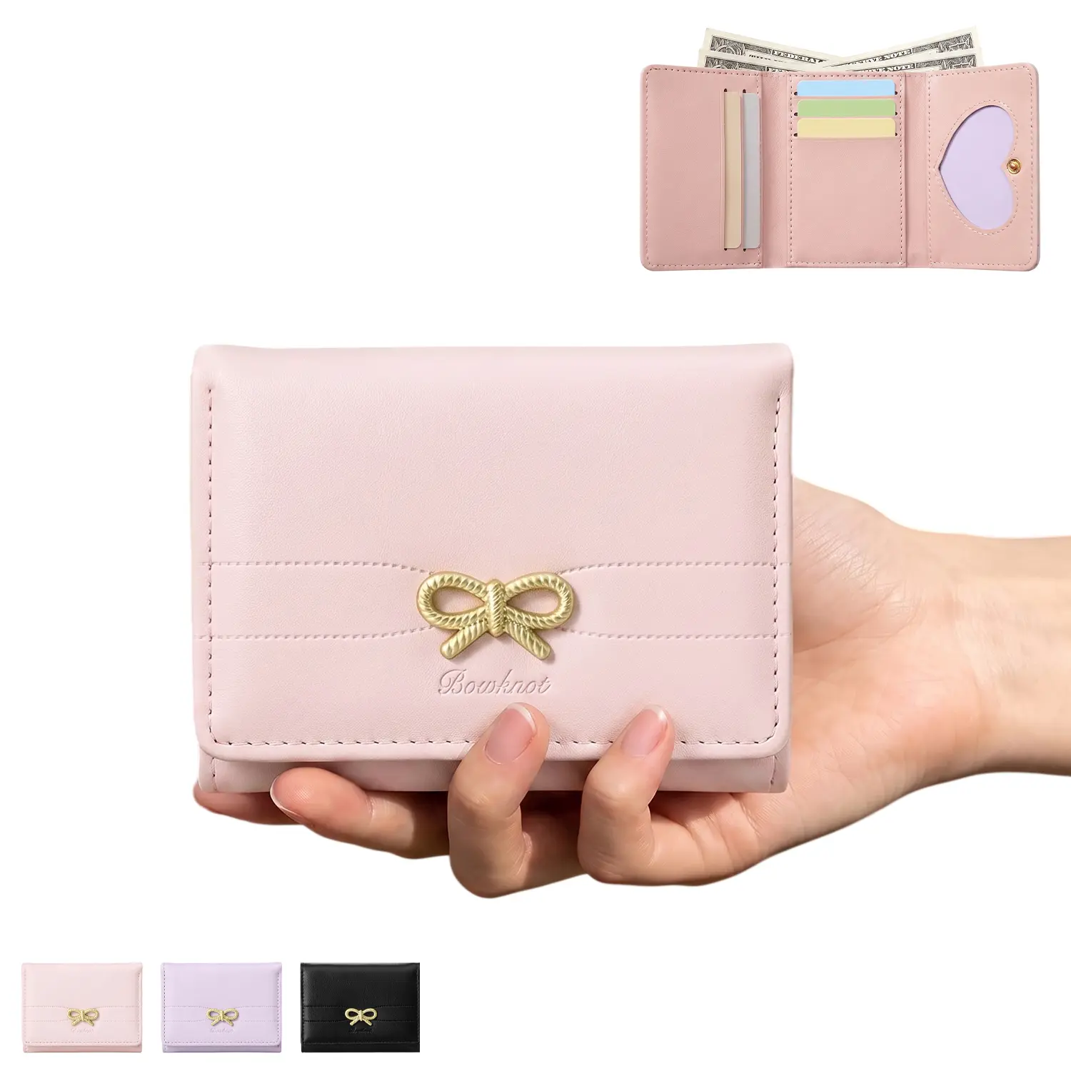 Small Bow Wallet for Women with RFID Blocking, Tri-fold PU Leather Card Holder, Coin Pocket & Heart ID Window, Cash Slot, Cute Aesthetic Purse for Girls Teens