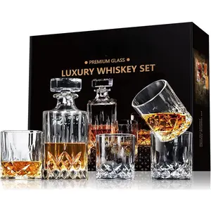 Crystal Whiskey Decanter Set for Men - Gift Box With Glasses, Non-Lead Glass for Bourbon and Liquor - Perfect for Dad, Husband, Whiskey Lovers