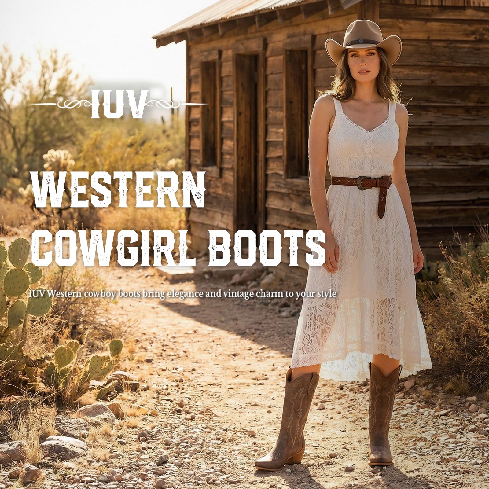 FLORALIE Women's Cowboy Boots: Pointed Toe with Embroidered Detailing, Chunky Heel Mid-Calf Design, Classic Retro Embroidery – Ideal for Country Concerts, Dancing, Weddings, Travel, and Daily Wear