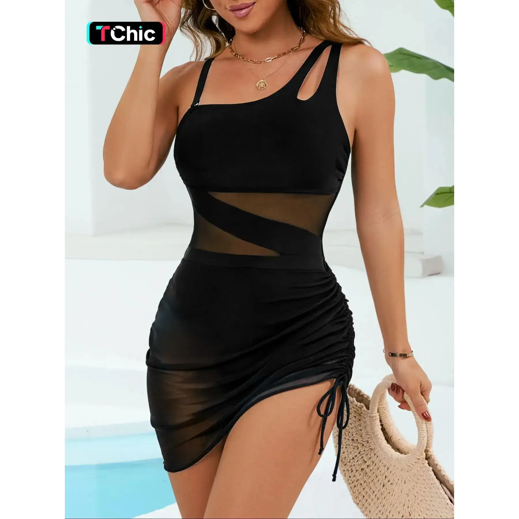 Women's Solid Color Mesh Insert One-piece Swimsuit, Casual Sleeveless Swimwear for Beach Holiday Vacation, Ladies Swimsuit for All Seasons