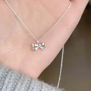 Silver Mini Bow Necklace Round Bead Chain Girls Jewelry
