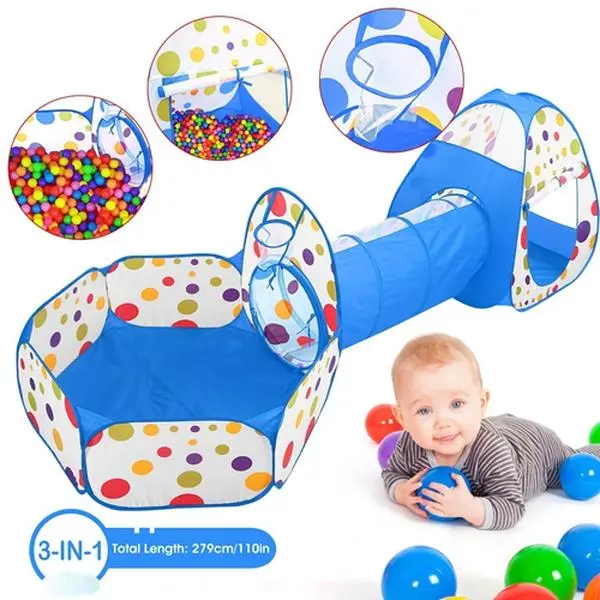 Unisex Kids 3PC 3-in-1 Ball Pit Playground Set - Tunnel Tent Included, Open-Ended Playset, 90x90x90cm Pink Durable Polyester with Eco-Friendly Print, Portable with Storage Bag, Foldable Steel Frame Supports Play