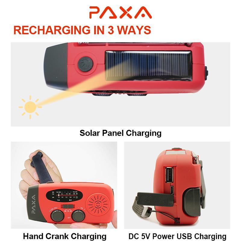 PAXA Compact Solar Powered Hand Crank Radio, Chargeable Power Bank Weather Radio with Flashlight for Charging Phones, Portable Charger Radio with LED Lights