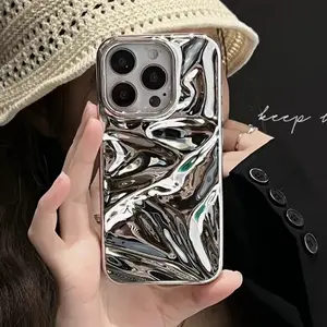 Luxury Electroplate Silvery 3D Wrinkle Phone Case For iphone 16 15 14 13 11 12 Pro Max Purple Water Ripple Shockproof Soft Cover