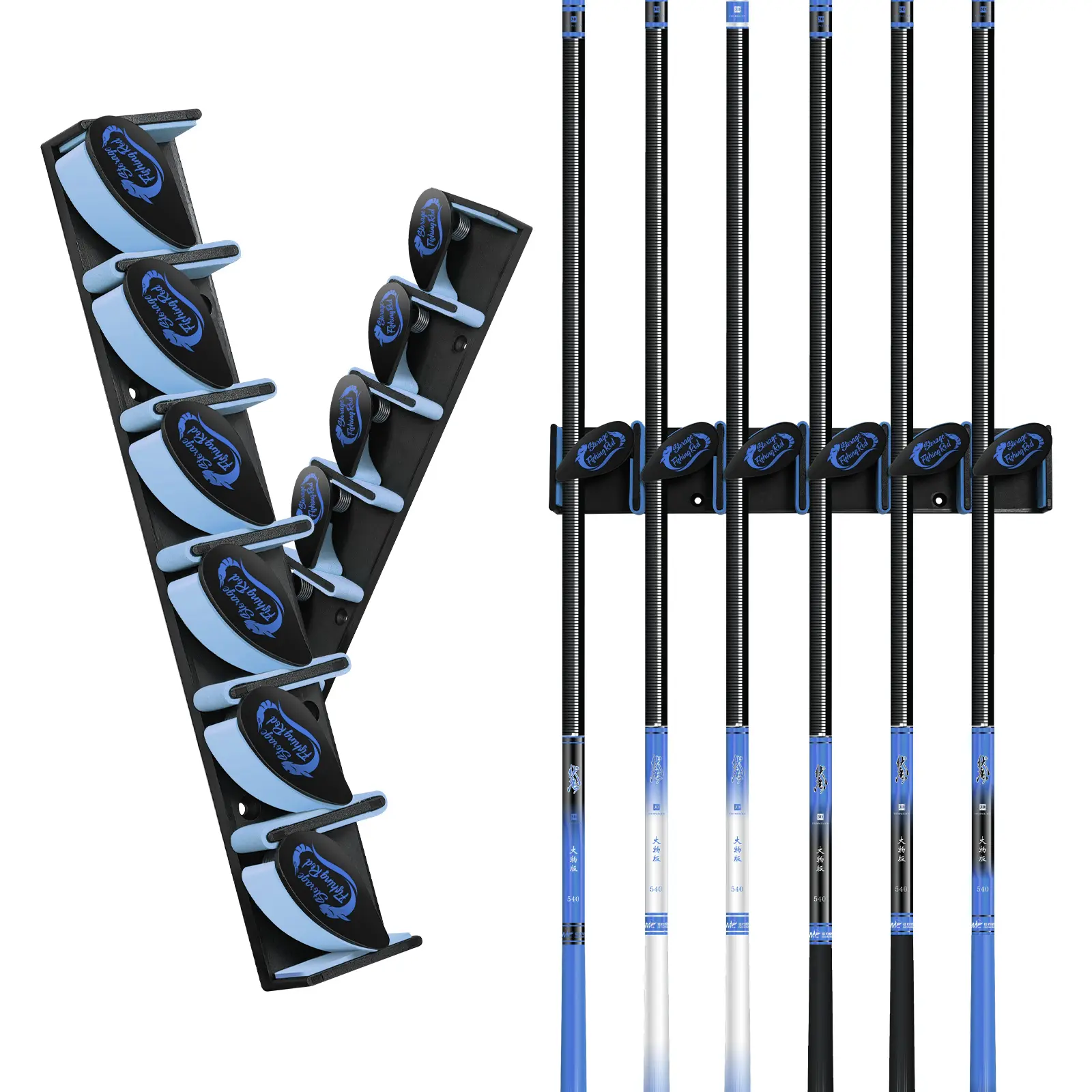 Tcakelox 2 Pairs Vertical Fishing Rod Holder, Wall Mounted Fishing Rod Holder, Fishing Pole Rack Holds Up to 6 Rods or Combos, Fishing Rod Holders for Garage, Fits Most Rods of Diameter 3-19mm (2, Blue)