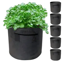 5 Gallon Grow Bags with Handles, 12" Dia x 10" H, 5 Pack 220 GSM Heavy Duty Nonwoven Aeration Fabric Pots, Foldable Organiser Storage Planter Bags for Vegetables, Flowers, Gardening