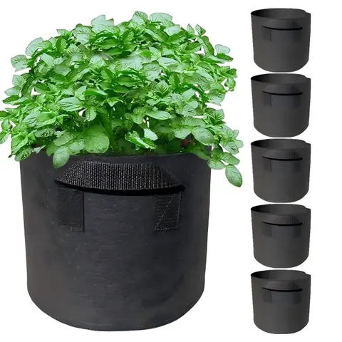 5 x 5 Gal Grow Bags with Handles, 12" Diameter x 10" Height 220 GSM Heavy-Duty Nonwoven Aeration Fabric Pots, Foldable All-Season Patio Decor Balcony Planters for Vegetables, Flowers, Gardening
